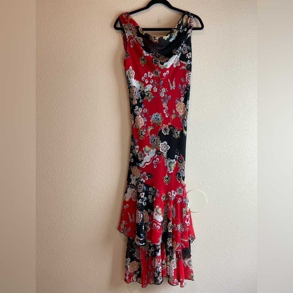 Sharon Max~Floral Evening Dress~Asymmetrical  Hem~Sleeveless~Cowl Neck~Size L
